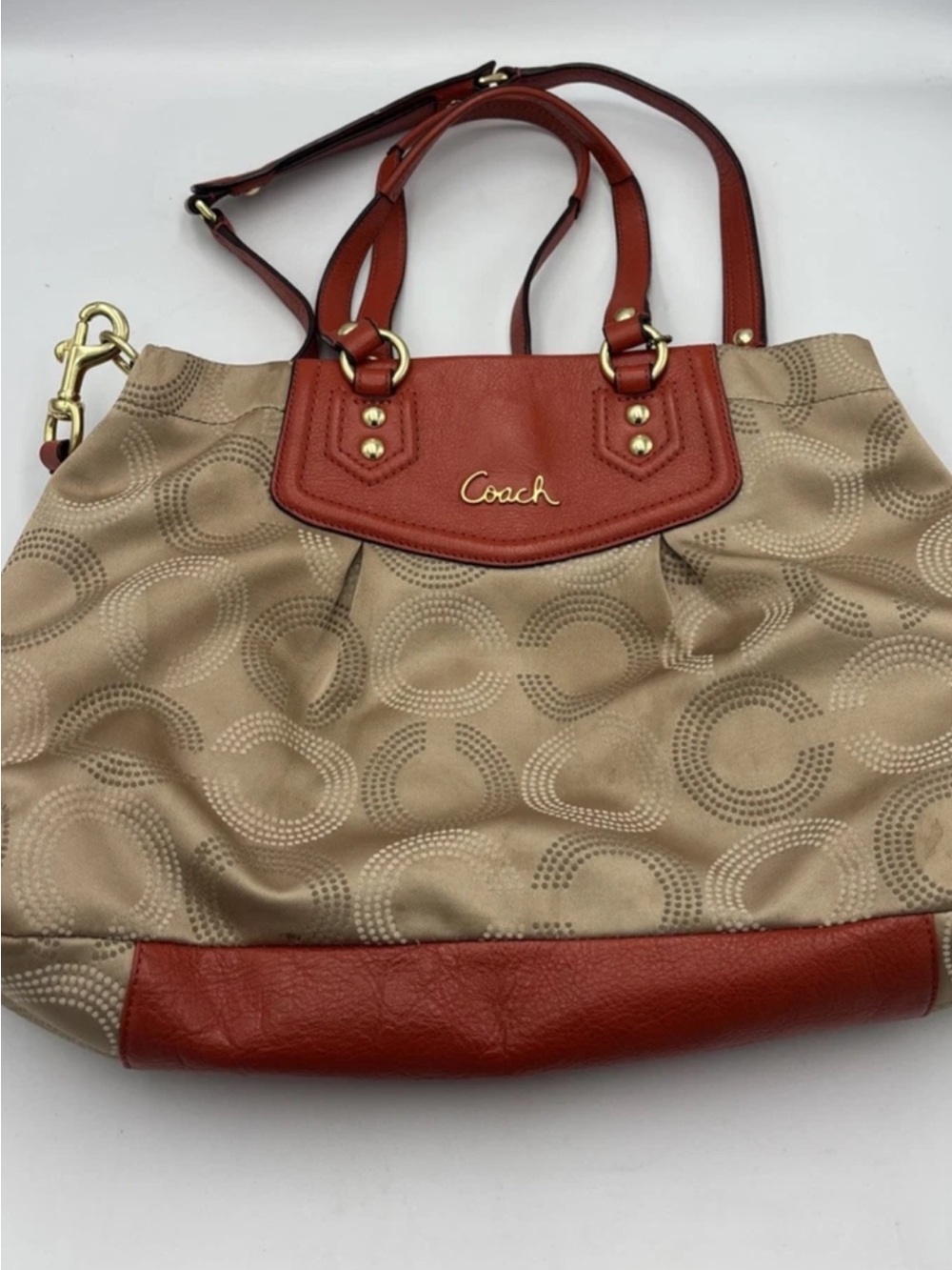 Coach Beige Tote with Red  Leather Trim and Gold Hardware & wrislet